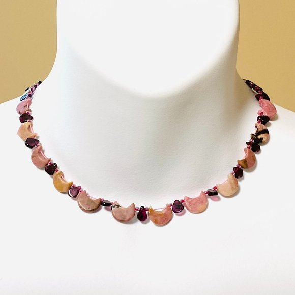 Crescent Moon Rhodonite Garnet Necklace, Beaded Genuine Gemstone - Picture 1 of 11